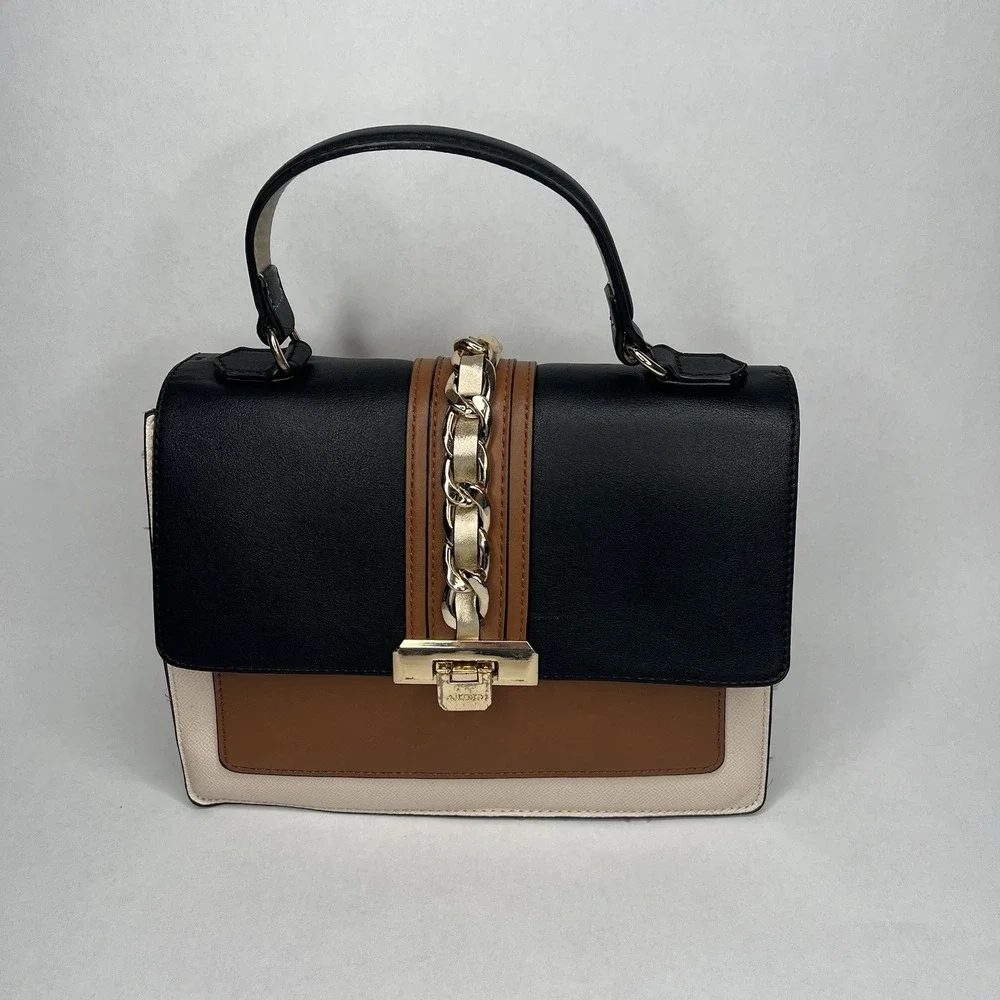 Aldo Handbag Black Brown Cream Purse Satchel Crossbody Gold Accents Trendy Scarf